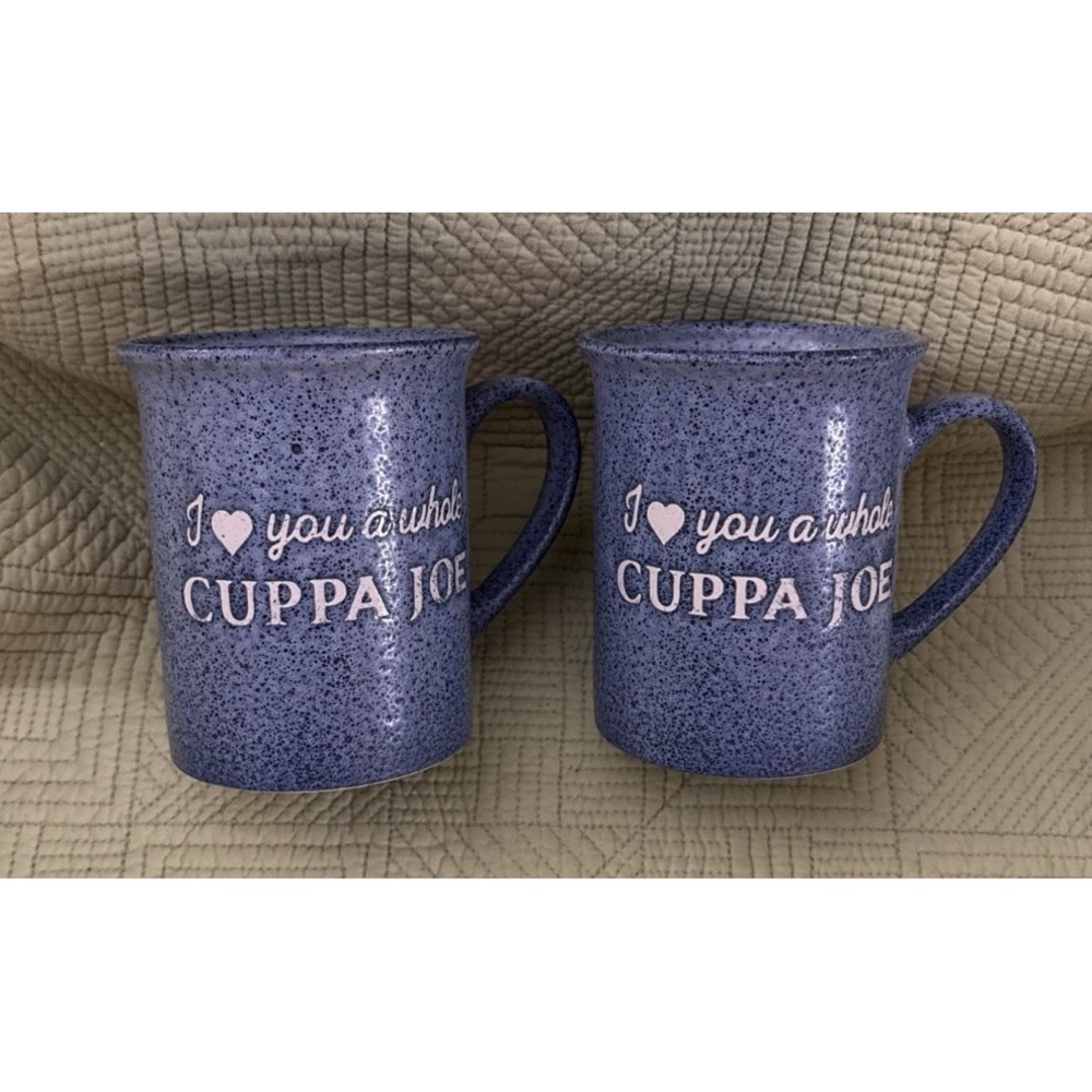 Set of 2 Blue Speckled Coffee Mugs "I Love You a Whole Cuppa Joe" Retro Diner